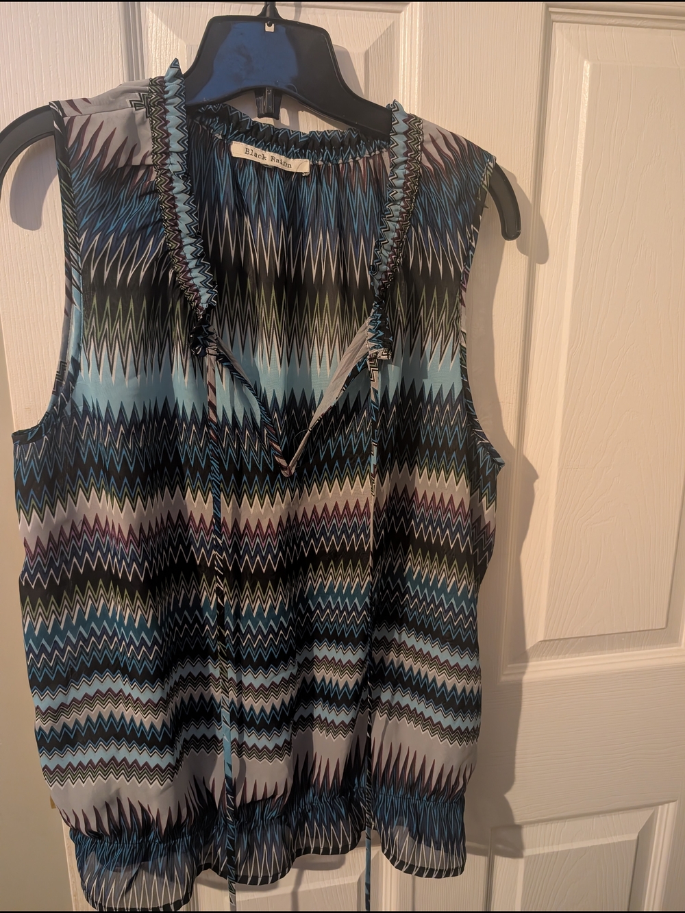 Black Rainn Blue and Black Chevron Ruffle-Trim Sleeveless Top